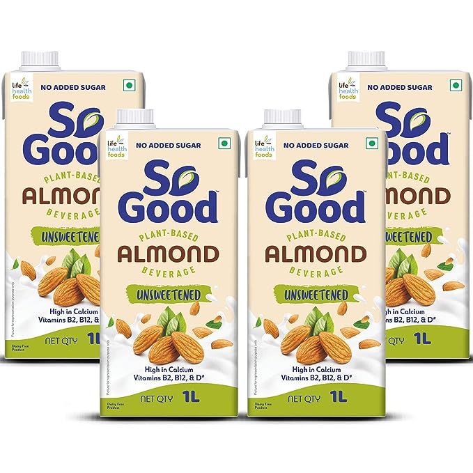 So Good Plant Based Almond Beverage Unsweetened 4 L (4X 1000 ml)| Lactose Free |