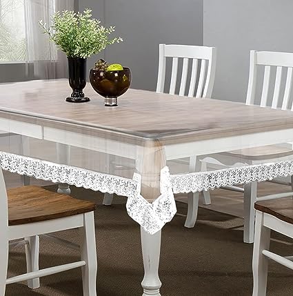 Urbane Home Transparent 4 Seater Dining Table Cover, Protector with White Lace B