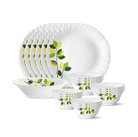 Larah by Borosil Green Leaves Silk Series Opalware Dinner Set | 19 Pieces for Fa